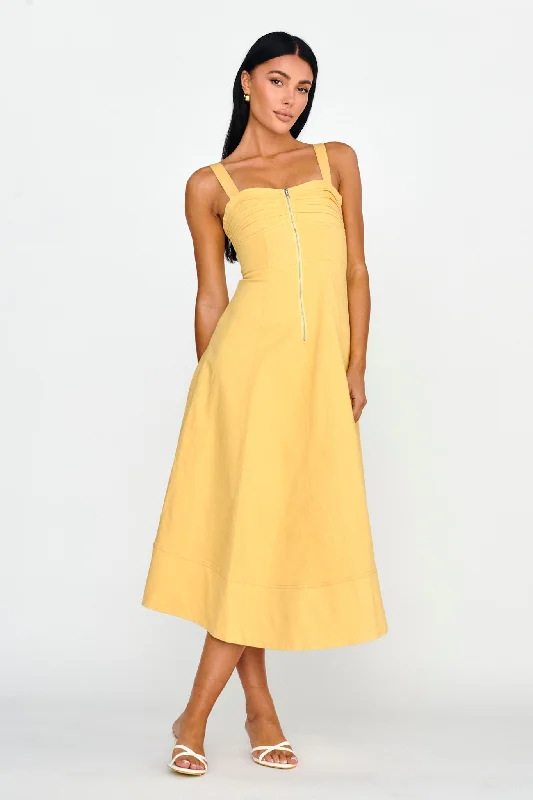 Emilio Pleated Bust A-Line Midi Dress Yellow Style Versatile Women's Collection