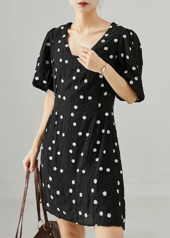 Boutique Black Puff Sleeve Print Cotton Dresses Summer Elegant Style