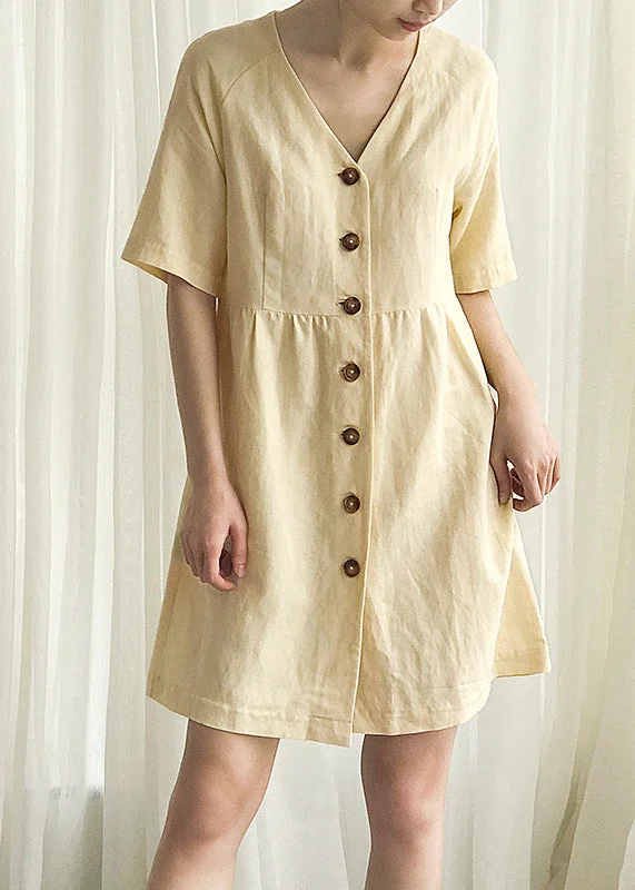 Stylish Yellow V Neck Button Linen Mid Dress Summer Lighten Up With Nordic Styles