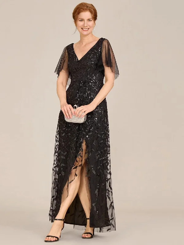 Short Sleeves Sequin High Low V-Neck Midi Mother of the Bride Dress Nordic Minimalist Home Look