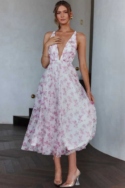 Floating By Plunging Neckline Midi Dress Floral Pink Flash Sale