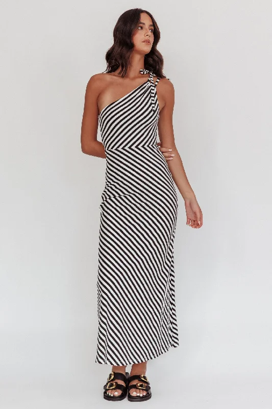 Ocean Road Tied One-Shoulder Maxi Dress Stripe Black Boutique Styles