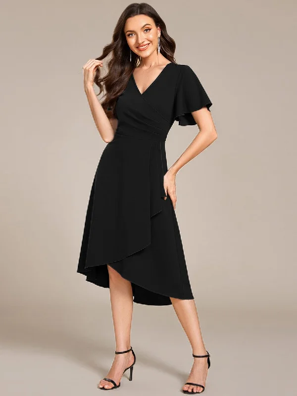 High-Stretch V-neck Midi Wedding Guest Dress Chic And Edgy