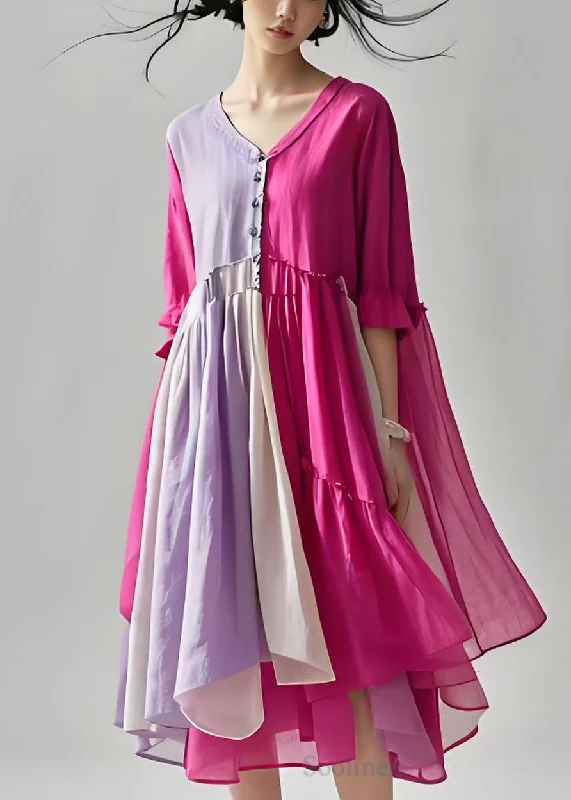 Plus Size Colorblock V Neck Wrinkled Patchwork Cotton Dresses Summer Fast Fashion Favorites