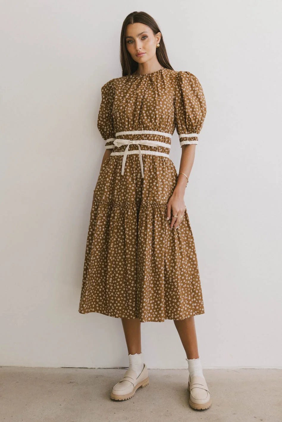 Kendra Ditsy Floral Midi Dress in Brown - FINAL SALE Limited Styles