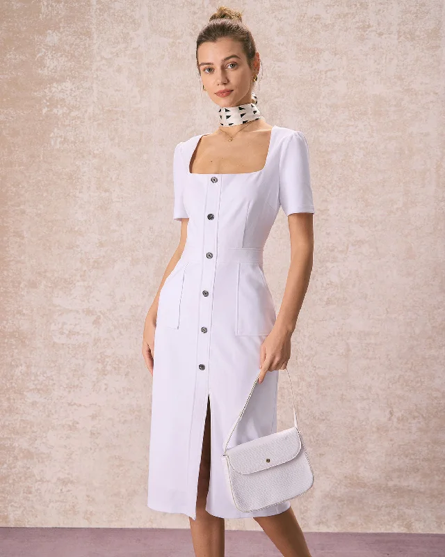 The White Square Neck Buttoned Midi Dress Embrace New Fashion