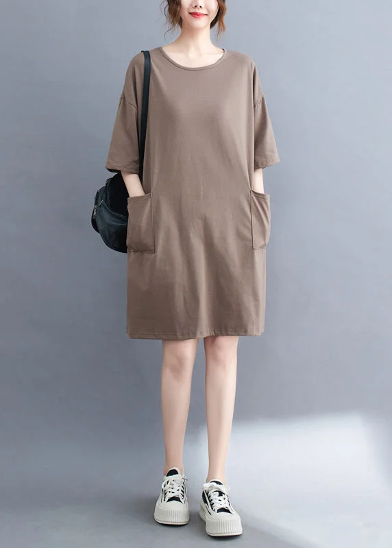 Khaki Oversized Cotton Dress O-Neck Pockets Summer Fashion For Every Occasion