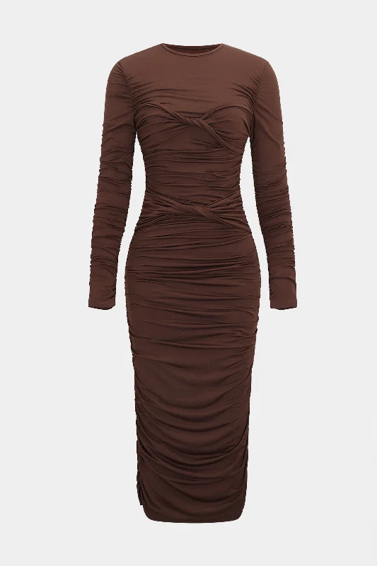 Ruched Round Neck Long-Sleeve Midi Dress Latest Trends