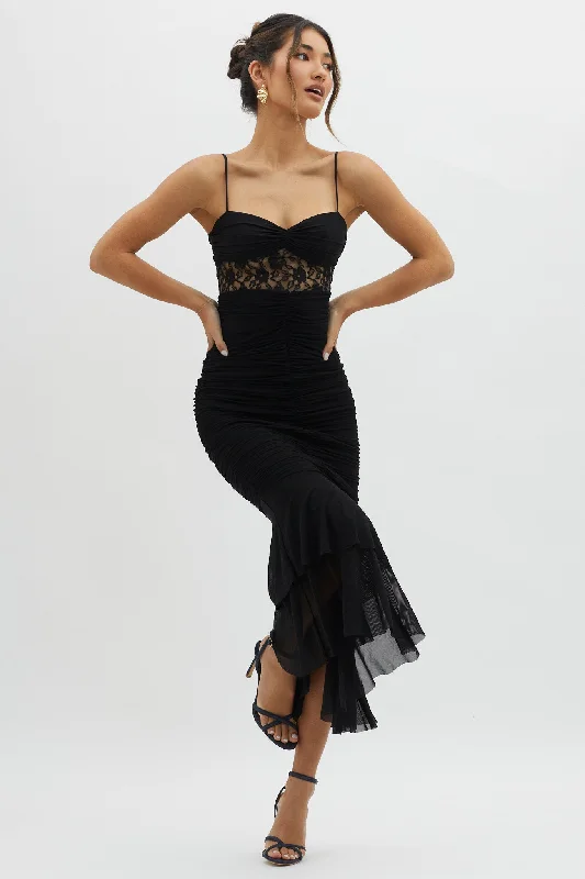 Cherubim Lace Insert Ruched Midi Dress Black Chic And Trendy