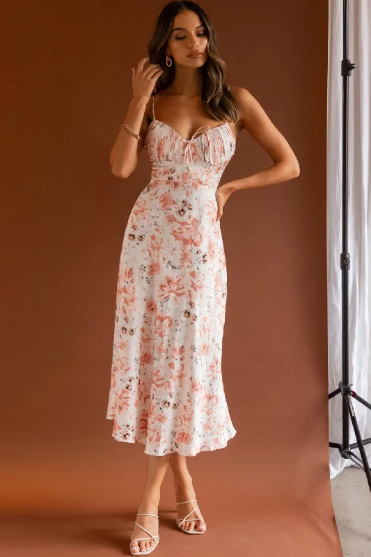 Malibu Gathered Bust Cami Strap Midi Dress Floral Pink Alluring Design