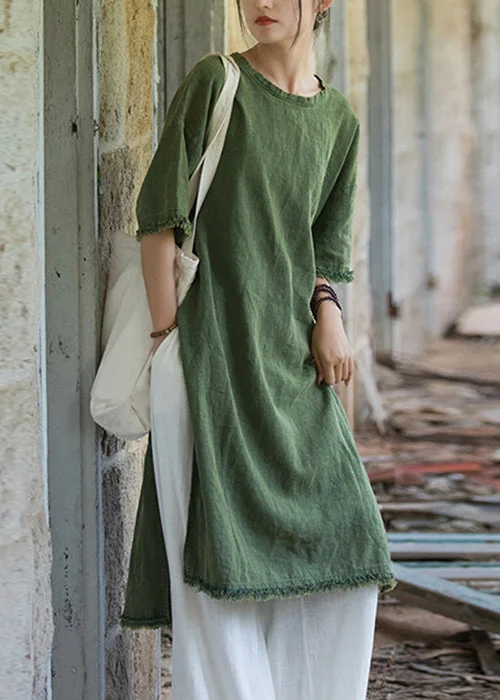 Green Side Open Linen T Shirt Dress O Neck Short Sleeve Top Deals