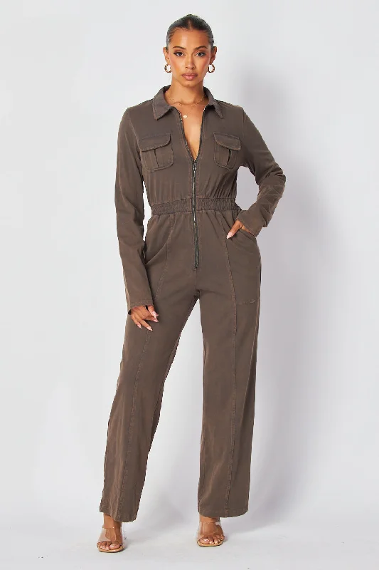 Masie Washed Engineer Long Sleeve Knit Jumpsuit Chic Style