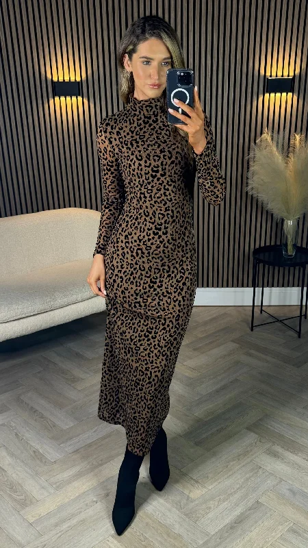 Louie Beige & Black Leopard Printed High Neck Midi Dress Score Big On Glamorous Red - Carpet Styles