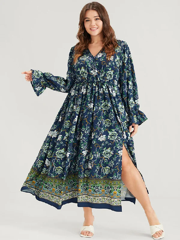 Floral Lantern Sleeve Pocket Split Wrap Flutter Hem Maxi Dress Tropical Island - Inspired Attire