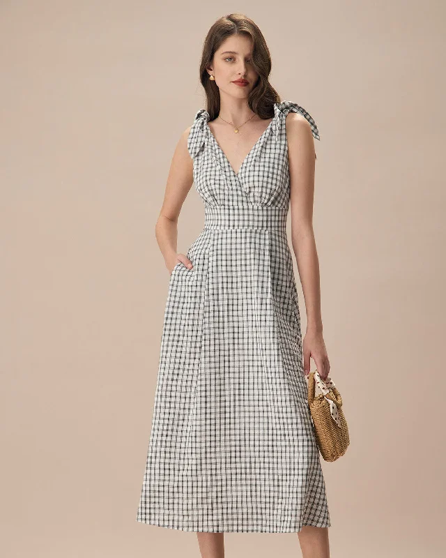 The Black V-Neck Plaid Tie Strap Cotton Midi Dress The Good Stuff