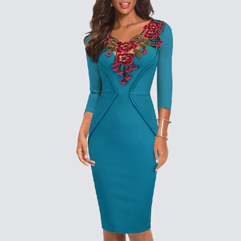 BerriesJam - 3/4 Sleeve Applique Slim Fitted Knee Length Pencil Dress Trendy Styles