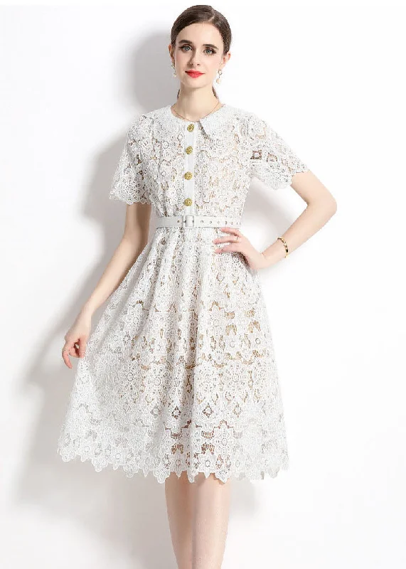 Classy White Hollow Out Embroideried Sashes Lace Dress Summer Flash Sale Fever