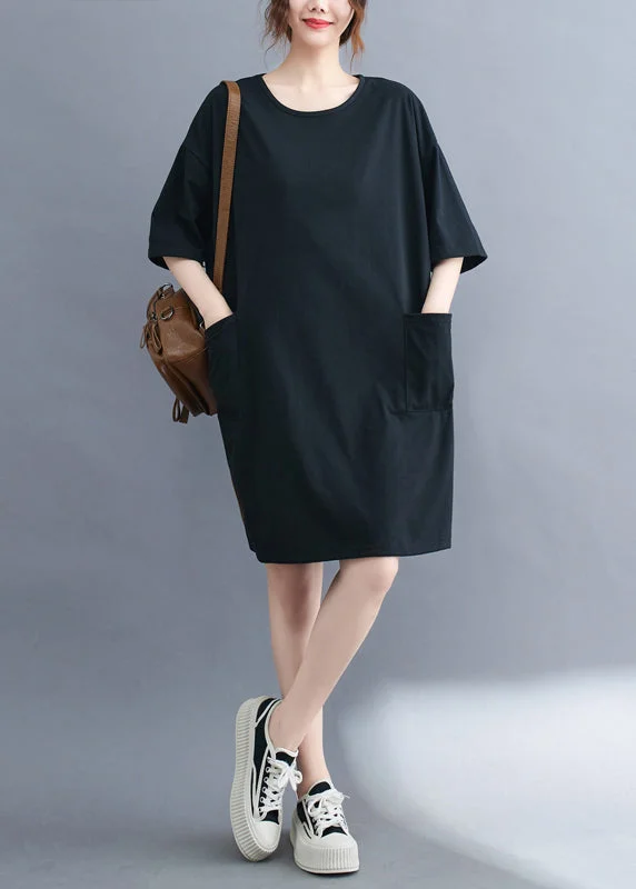 Classy Black Oversized Pockets Cotton Mid Dress Summer Chic And Trendy