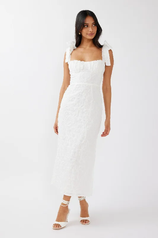 Cupid Tied Shoulder Embellished Midi Dress White Elevated Style