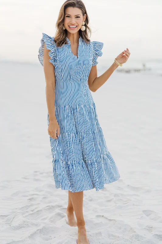 First In Line Blue Striped Midi Dress Timeless Elegance Redefined