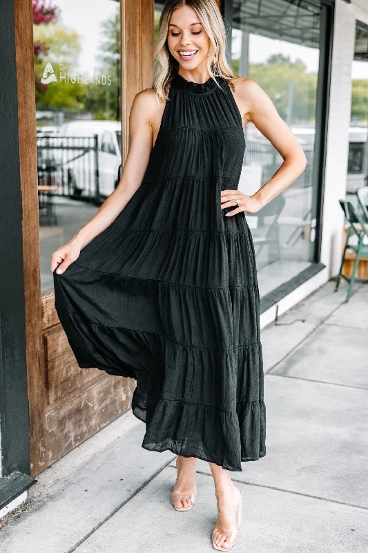 Come To Me Black Tiered Midi Dress Chic Outfits