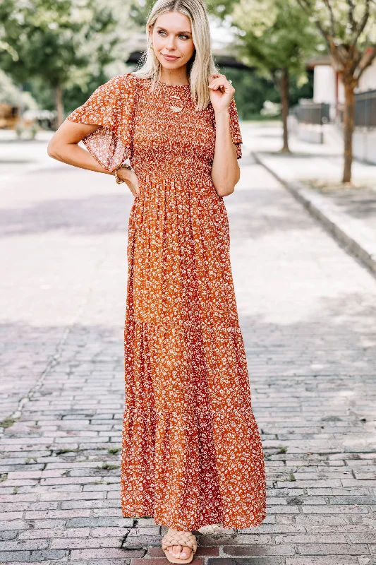 Take A Guess Rust Orange Ditsy Floral Maxi Dress Fashion Essentials