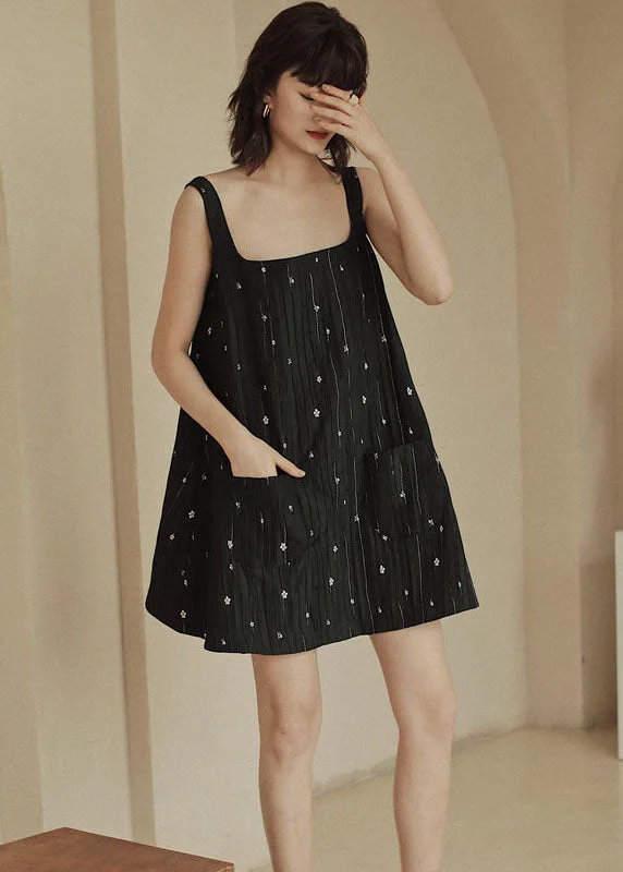 Casual Black Print Pockets Cotton Strap Dress Sleeveless Seasonal Style Discounts