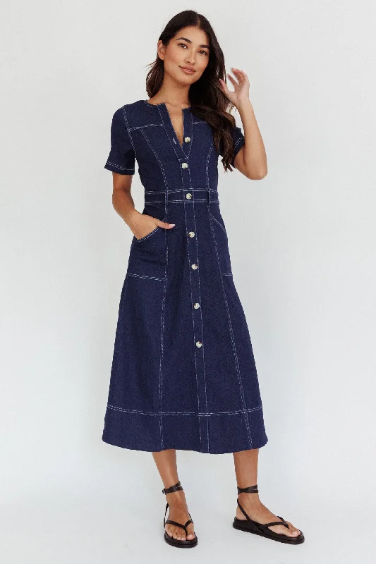 Aspen Love Front Pocket Midi Dress Indigo From Casual To Classy