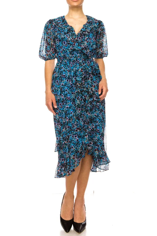 Maison Tara 91673M - V-Neck Tea-Length Casual Dress Vibrant Styles