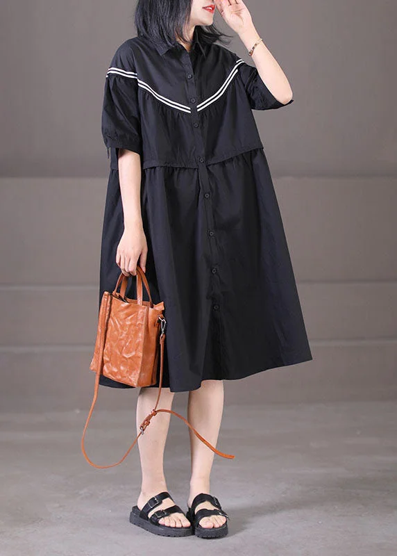 French Black Peter Pan Collar Patchwork Drawstring Cotton Shirt Dress Summer Mid Season Sale