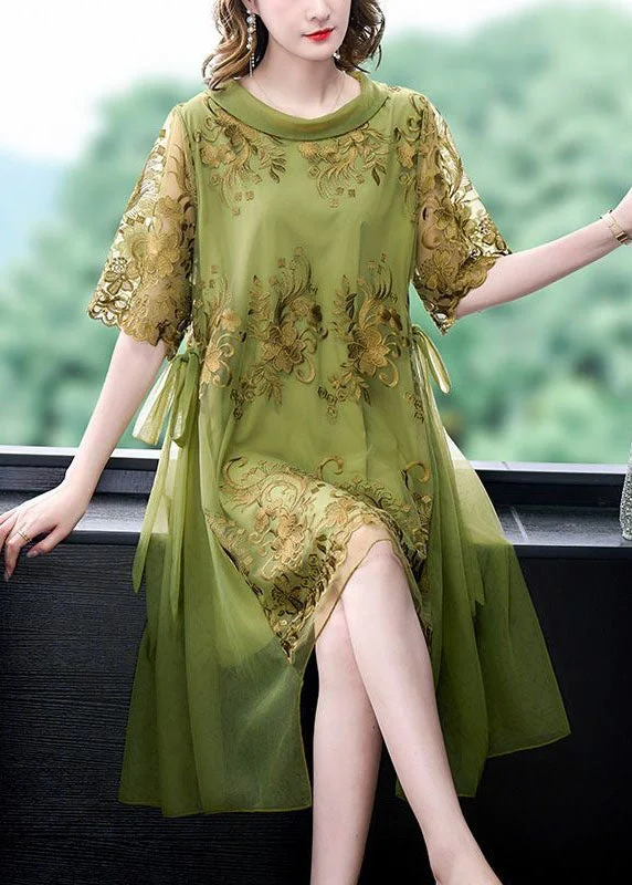 French Green O-Neck Embroideried Tulle Patchwork Silk Dress Summer Chic And Edgy