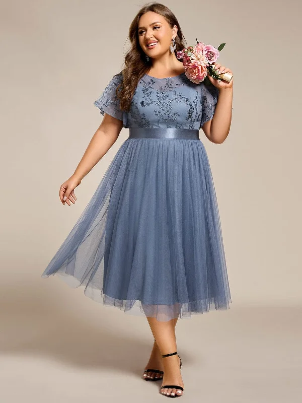 Plus Size Round Neckline Embellished Tulle Midi Junior Bridesmaid Dress Luxe Layering