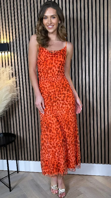 Danika Orange Animal Printed Cami Strap Midi Dress Chic Outfits