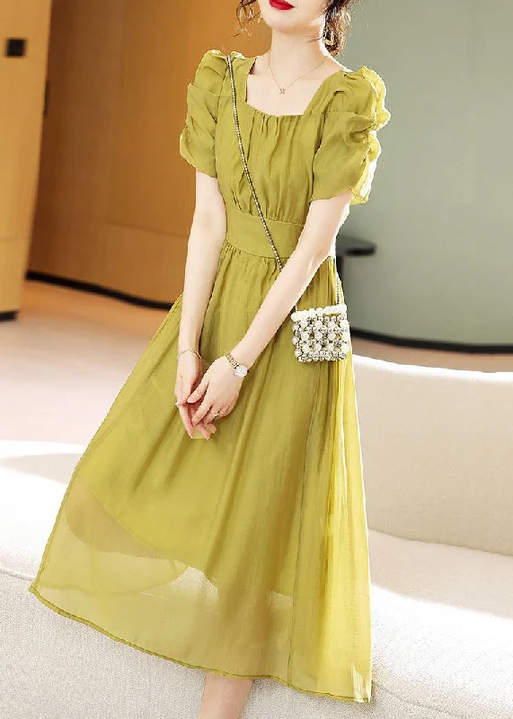 Green Wrinkled Patchwork Chiffon Dress Square Collar Summer Wardrobe Refresh