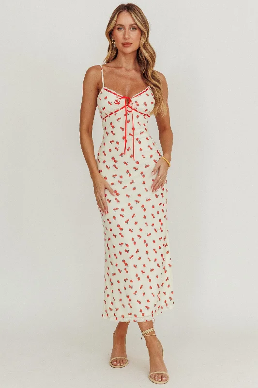 Heart Ablaze Strawberry Cherry Print Midi Dress Cream Hot Trends