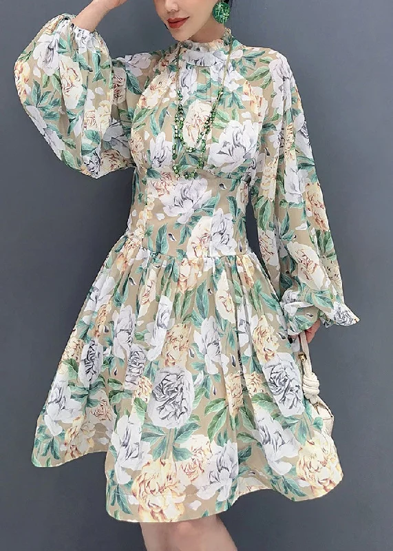 Style Light Green Ruffled Print Chiffon Dress Lantern Sleeve Redefining Women's Style