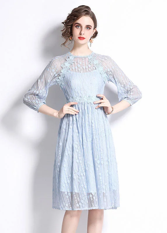 Stylish Light Blue Embroideried Patchwork Lace Cinch Dress Bracelet Sleeve Bold Fashion