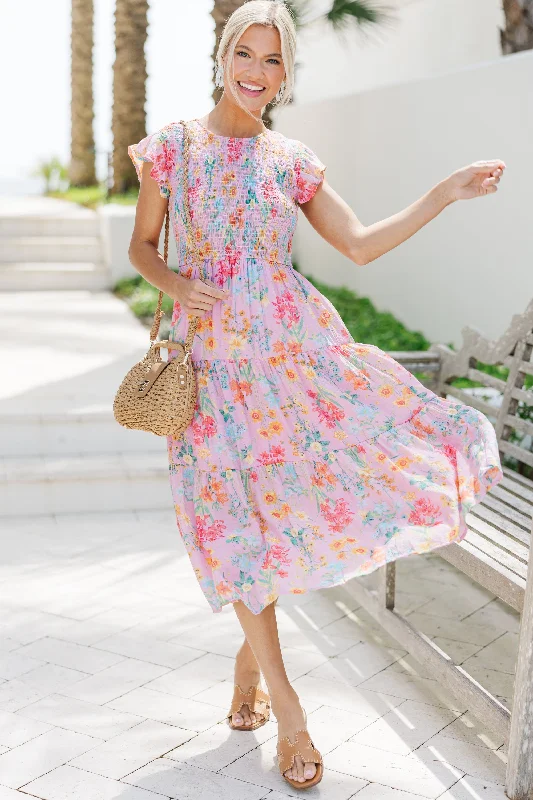 Keep You Close Peach Pink Floral Midi Dress Chic Style