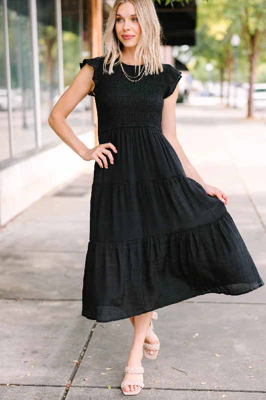 Learn To Love Black Smocked Midi Dress Limited Time Deal