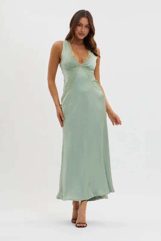 Ivonne Lace Trim V-Neck Maxi Dress Sage Vintage Style Clothing Sale