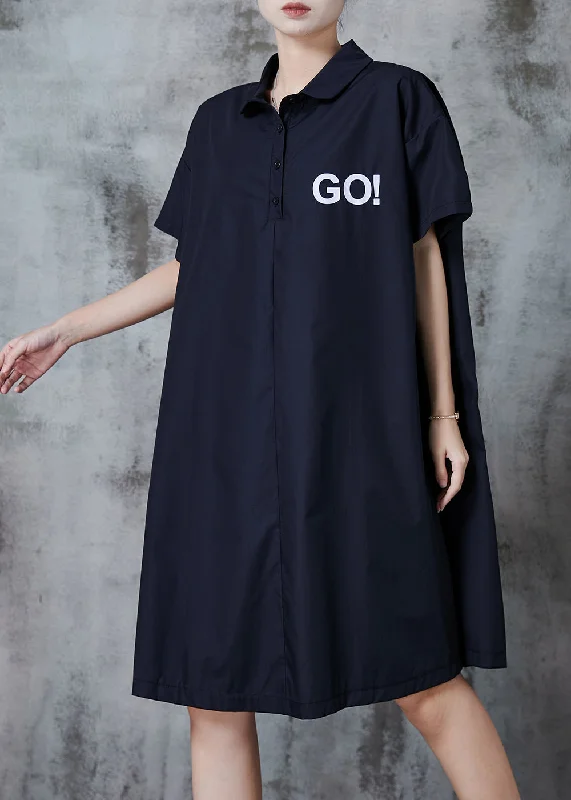 Simple Black Oversized GO Print Cotton Shirt Dress Spring Flash Deals