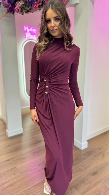 Ariana Burgundy Button Detail Ruched High Neck Midi Dress Discover Now