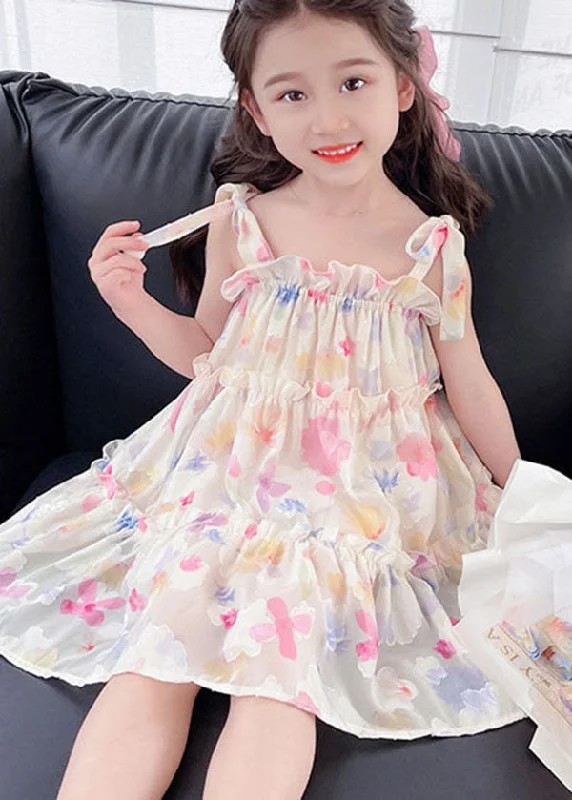 Cute Pink Print Ruffled Patchwork Chiffon Baby Girls Dresses Sleeveless Vibrant Femme Fashion