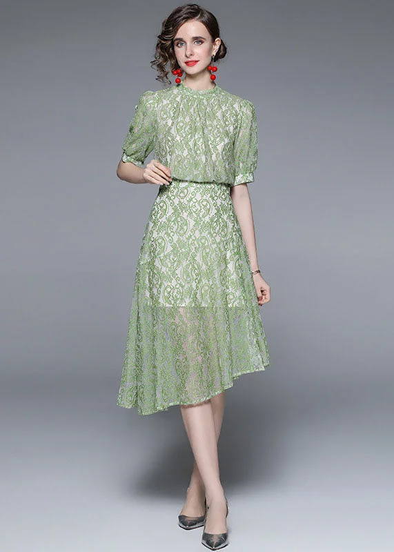 Fashion Green Jacquard Asymmetrical Patchwork Lace Mid Dress Summer Trendy Fashion for Women