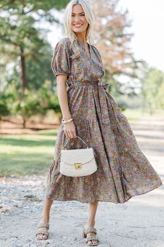 Pinch: I Knew You Well Camel Brown Floral Midi Dress Mid - Week Surprise