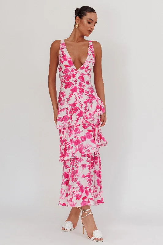 Veda Strappy Back Ruffle Maxi Dress Floral Fuchsia Elegant Simplicity Wardrobe