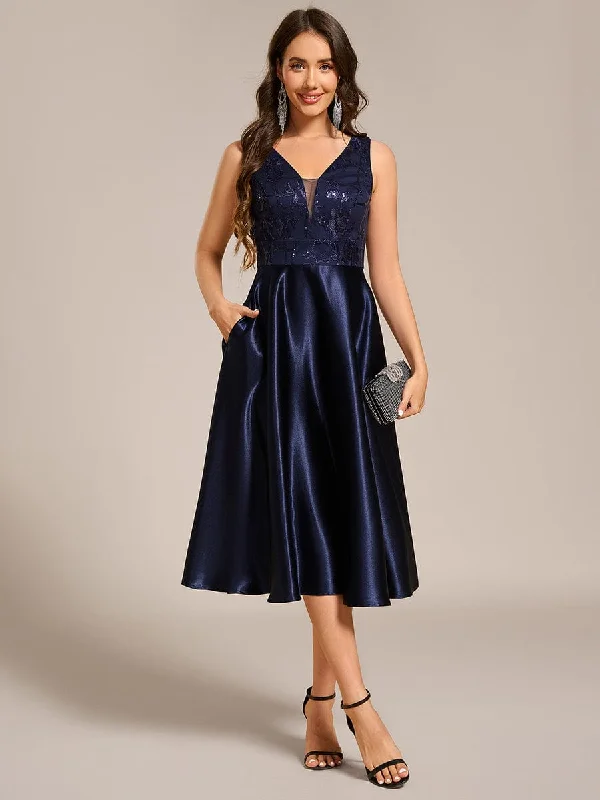 Sleeveles A-Line Midi Satin Wedding Guest Dress with Pockets Fashion Essentials