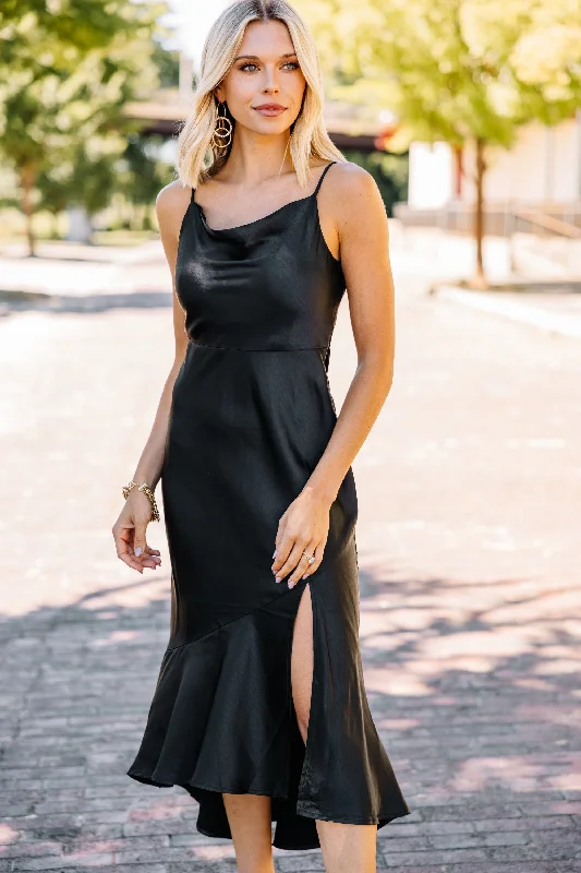 Feeling Fancy Black Satin Midi Dress Versatile Style Wardrobe