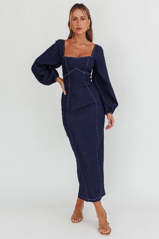 Bay Side Long Sleeve Denim Midi Dress Indigo Casual Weekend Relaxed Style