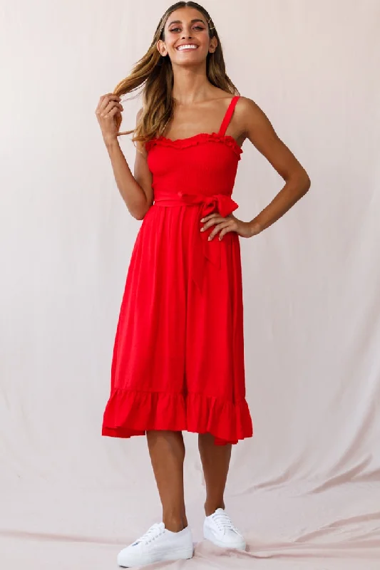 Honey Shirred Frill Midi Dress Red Budget-Friendly Fashion